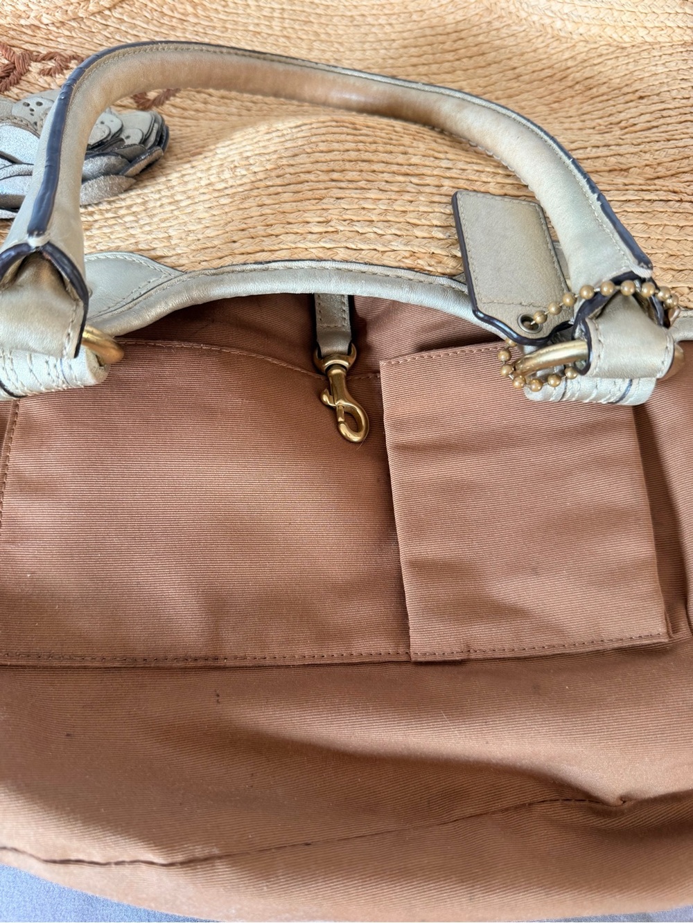 Coach Beige Straw Tote with Leather Handles and Floral Appliqué - Picture 7 of 8